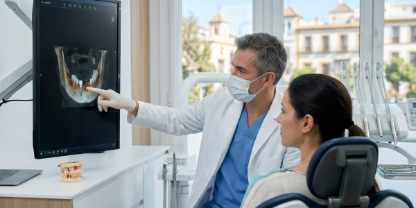 Especialista en implantología dental planificando un tratamiento con tecnología 3D en Sevilla.