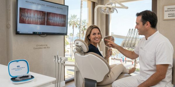 Un paciente adulto en una consulta de ortodoncia en Marbella, sonriendo mientras un ortodoncista examina sus dientes.