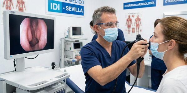 Especialista en otorrinolaringología en Sevilla realizando una fibroendoscopia nasal en el Centro Médico IDI.